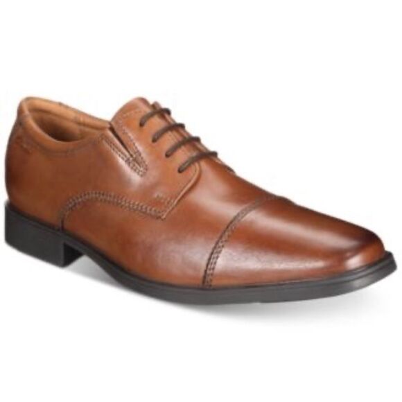 Clarks Tilden Cap Toe Dark Tan Leather Oxfords Sz 10.5 - Picture 1 of 7